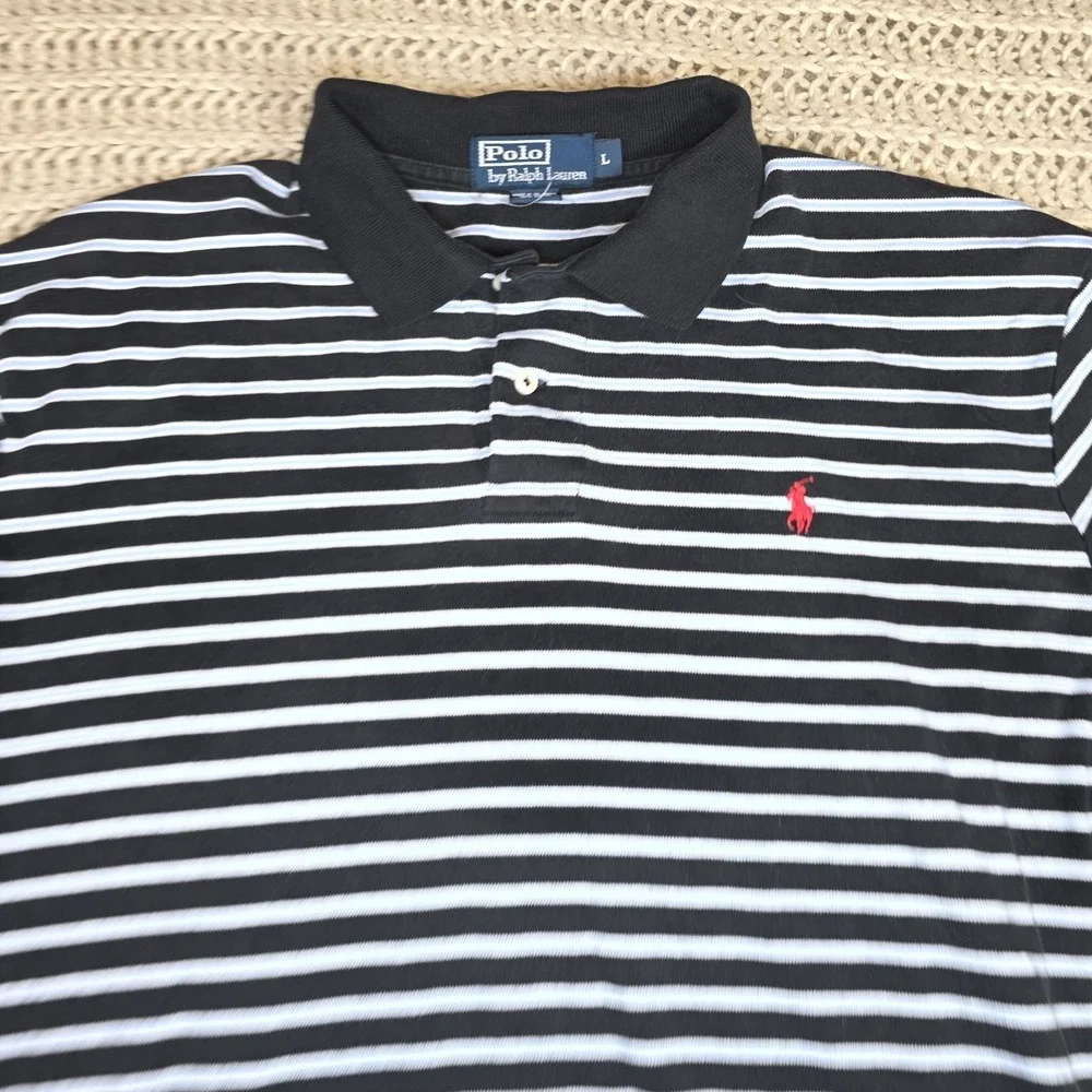 Polo Ralph Lauren Blue Stripe, Red Pony Polo Shirt Men's Large 100% Cotton